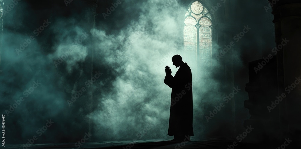 Medieval man praying in front of a church, mysterious foggy background with smoke, dramatic religious scene, dark atmospheric illustration