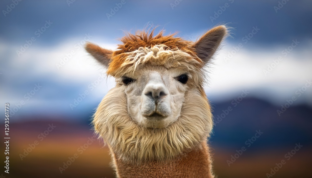 Obraz premium Playful Alpaca Braving the Windy South American Day, Capturing Joy and Resilience in Highland Scenery with Earthy Tones.