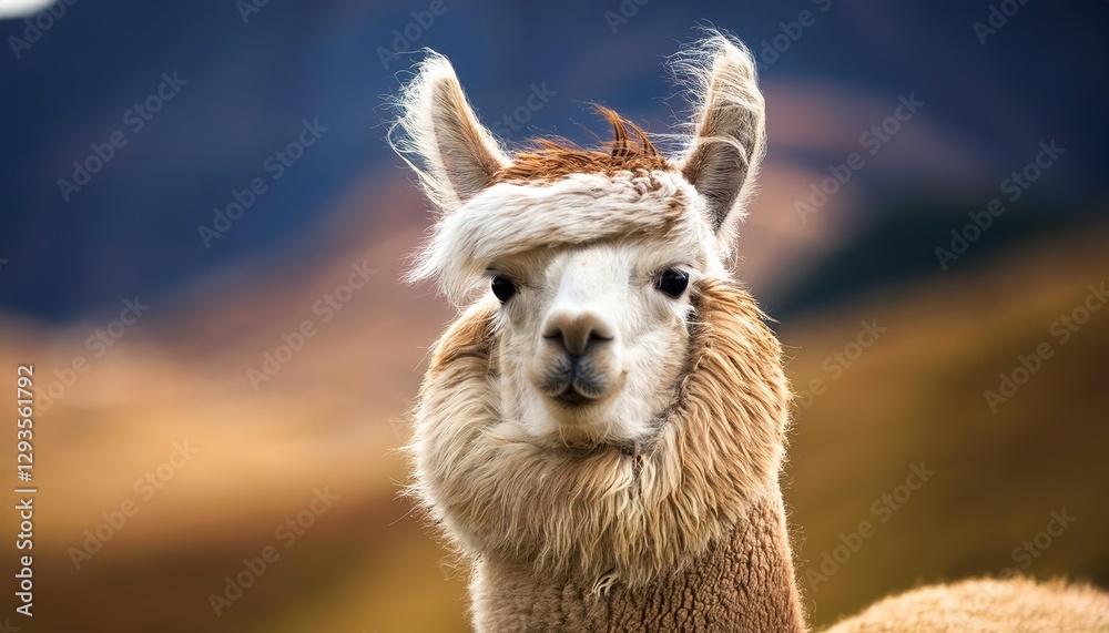 Obraz premium Laughing Alpaca Braving Windy South American Day, Adorably Rugged against Dramatic Andean Landscape with Bold Colors and Textures, Showcasing Playful Energy in Highland Scene