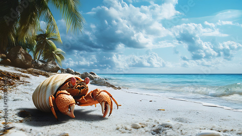 A hermit crab, its shell is white and has orange legs walking along the sandy beach
