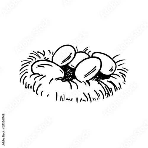 Vector engraved illustration Nest with chicken Eggs on isolated background. Concept for Easter holiday and egg production, food. Design element for card, logo, sign, label, flyer, print, paper 