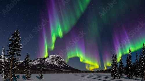 A beautiful aurora borealis is visible in the sky above a snowy mountain