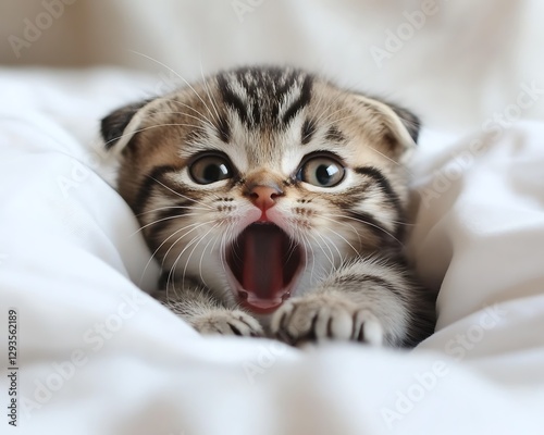 Adorable Kitten Yawning on White Bedding photo