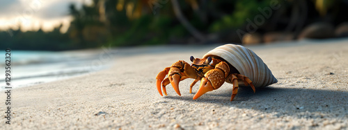 A hermit crab, its shell is white and has orange legs walking along the sandy beach
