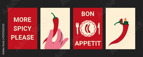 Modern spicy food posters for kitchen decor. Bold chili pepper illustrations in a trendy minimalist style. Perfect for cafes, restaurants, and home wall art.