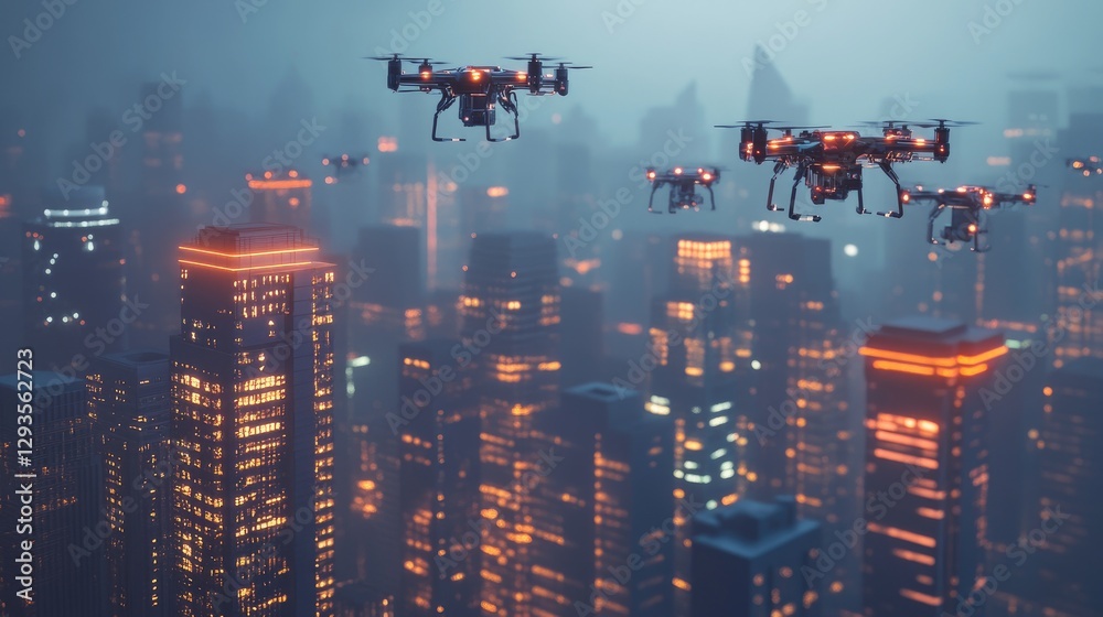 A 3D-rendered city of the future with glowing buildings, smart autonomous vehicles, and drones delivering goods overhead A 3D-rendered city of the future with glowing buildings, smart autonomous vehicles, and drones delivering goods overhead