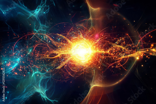 A mesmerizing quantum data explosion, featuring glowing cybernetic light fragments, futuristic neural network patterns, and pulsating AI-driven holographic waves. The high-tech abstract background