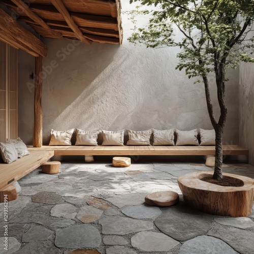 A wooden platform in a Japanese style courtyard photo