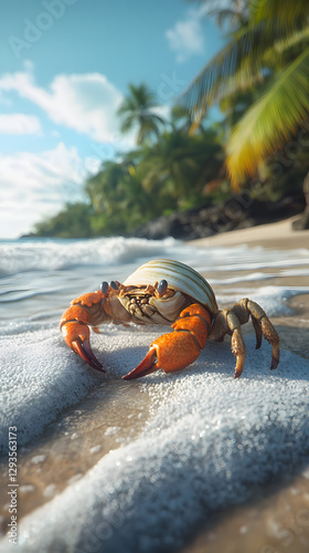 A hermit crab, its shell is white and has orange legs walking along the sandy beach
