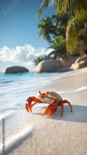 A hermit crab, its shell is white and has orange legs walking along the sandy beach
