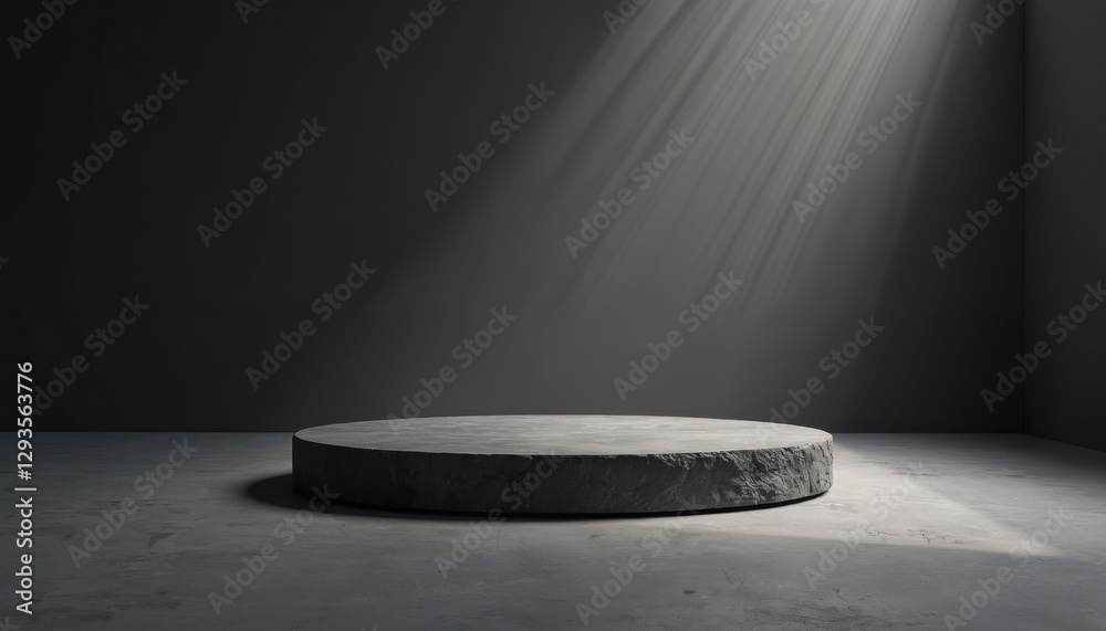 Round black stone platform on dark background, light streaks. Concrete floor with light beam. Rough textured podium, empty minimal abstract scene, modern simple design for product presentation. Round black stone platform on dark background, light streaks. Concrete floor with light beam. Rough textured podium, empty minimal abstract scene, modern simple design for product presentation.