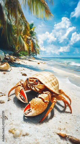 A hermit crab, its shell is white and has orange legs walking along the sandy beach
