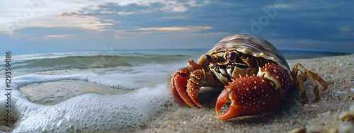 A hermit crab, its shell is white and has orange legs walking along the sandy beach
