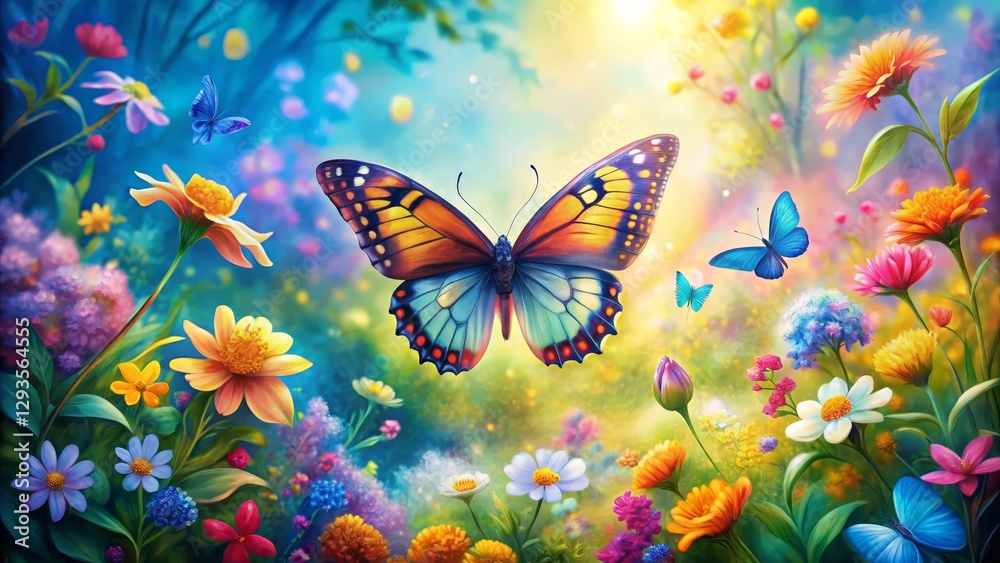 Bright Butterfly in Colorful Flower Garden Under Glowing Sky Bright Butterfly in Colorful Flower Garden Under Glowing Sky