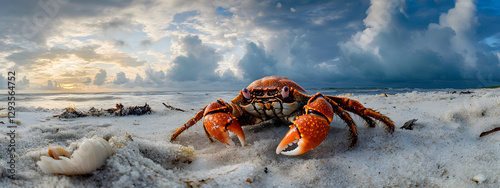 A hermit crab, its shell is white and has orange legs walking along the sandy beach
