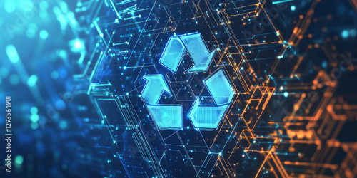 A futuristic AI-driven intelligent waste management system, displaying glowing cybernetic automated recycling pathways, pulsating holographic resource recovery optimization grids, and swirling quantum