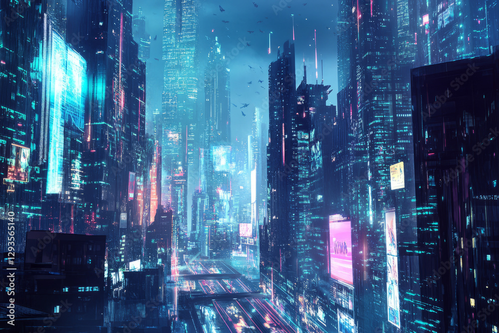 A futuristic AI-controlled city, composed of glowing cybernetic skyscrapers, floating holographic advertisements, and neon-lit energy pathways. The abstract high-tech background represents smart city A futuristic AI-controlled city, composed of glowing cybernetic skyscrapers, floating holographic advertisements, and neon-lit energy pathways. The abstract high-tech background represents smart city