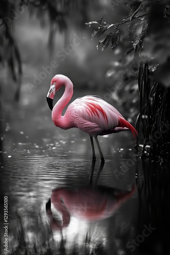 Ein rosa Flamingo steht still im reflektierenden Wasser. Der Hintergrund erscheint mystisch in Schwarzweiß. photo