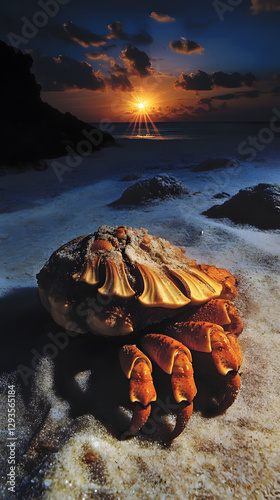 A hermit crab, its shell is white and has orange legs walking along the sandy beach
