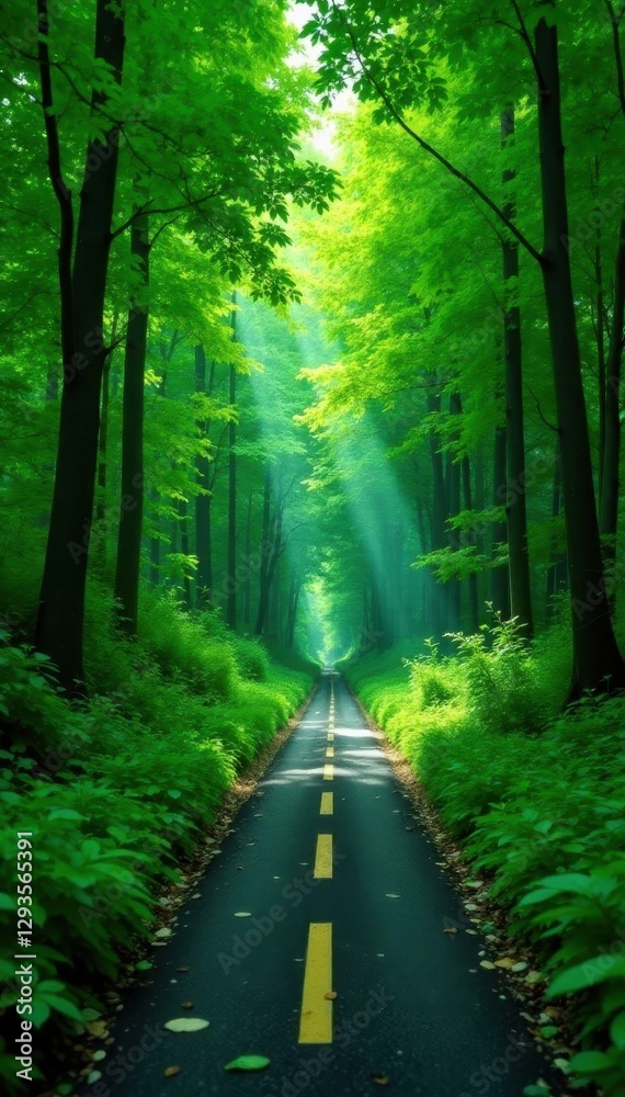 Obraz premium Asphalt ribbon cuts through dense green canopy , high, route, canopy