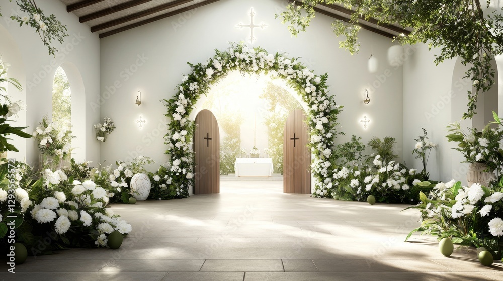 Fototapeta premium Serene Interior of a Flower Adorned Wedding Chapel with Natural Light