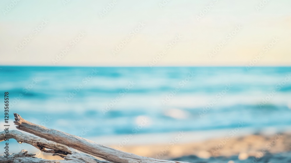 Obraz premium Close-up of driftwood on the shore with calm waves in the background, minimalist and natural beach composition