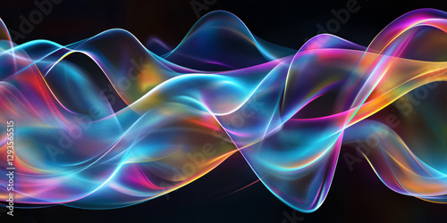 A futuristic abstract background featuring a mesmerizing array of floating holographic light trails, shifting and refracting in a seamless cybernetic dance. The iridescent neon reflections create a