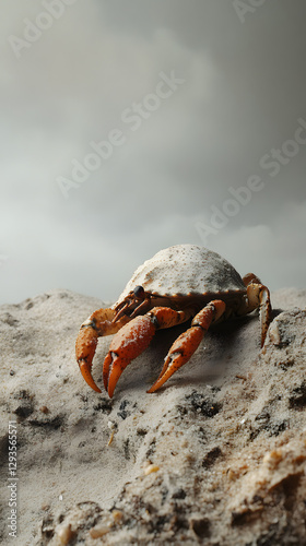A hermit crab, its shell is white and has orange legs walking along the sandy beach

