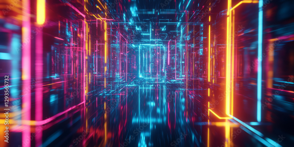 A mesmerizing abstract background with intricate, refractive neon prisms, dynamically shifting through a high-tech cybernetic landscape. The glowing reflections and futuristic motion evoke a sense of A mesmerizing abstract background with intricate, refractive neon prisms, dynamically shifting through a high-tech cybernetic landscape. The glowing reflections and futuristic motion evoke a sense of
