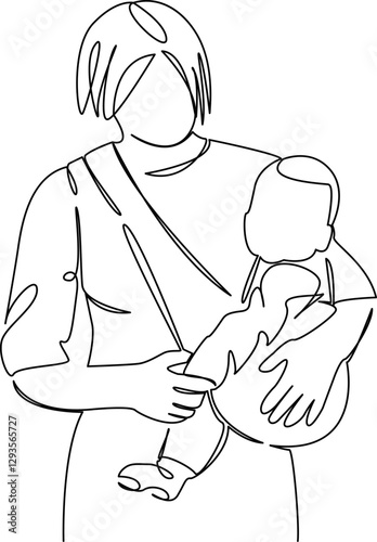 One continuous single drawing line art flat doodle mother, child, family, care, woman, togetherness, baby carrier. Isolated image hand draw contour on a white background, hand drawn, not AI