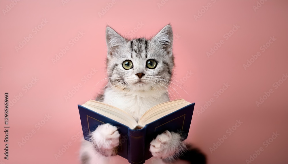Whimsical Kitty Reading in a Dreamy Pastel Setting, Playful Humor Infused with Serene Elegance and an Isolated Ambiance Whimsical Kitty Reading in a Dreamy Pastel Setting, Playful Humor Infused with Serene Elegance and an Isolated Ambiance