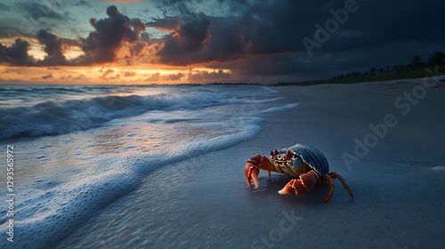 A hermit crab, its shell is white and has orange legs walking along the sandy beach
