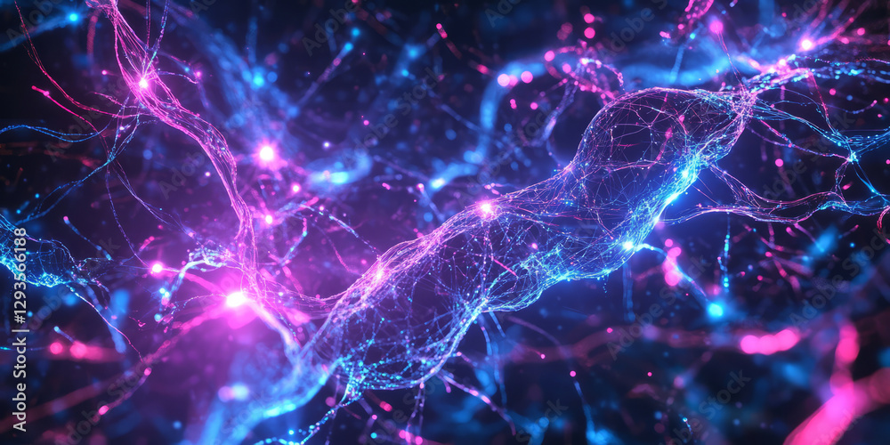 A surreal abstract background featuring intricate, glowing neural pathways flowing through a cybernetic matrix. The dynamic streams of digital energy create a futuristic, high-tech network of luminous A surreal abstract background featuring intricate, glowing neural pathways flowing through a cybernetic matrix. The dynamic streams of digital energy create a futuristic, high-tech network of luminous