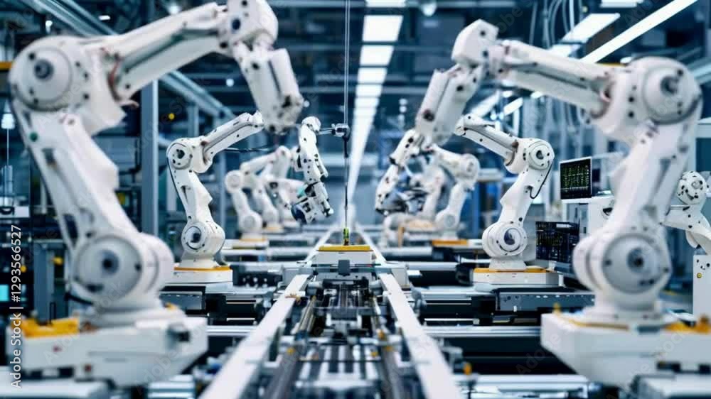 Automated Robotic Assembly Line in Modern Factory Automated Robotic Assembly Line in Modern Factory