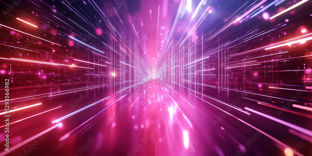 Obraz premium A surreal abstract background inspired by flowing neon energy, featuring seamlessly shifting waves of radiant light rippling across a digital cybernetic matrix. The fluid motion and futuristic glow
