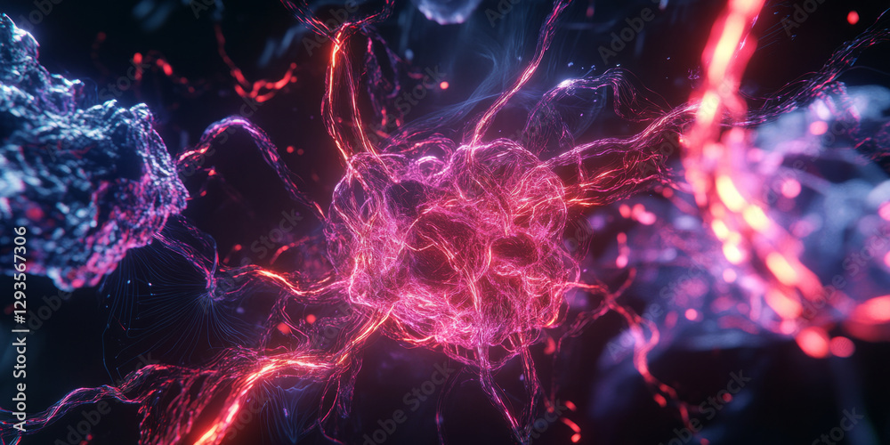 Obraz premium A futuristic AI-powered neural network, composed of glowing cybernetic energy trails, swirling holographic data clusters, and pulsating digital machine learning pathways. The high-tech abstract