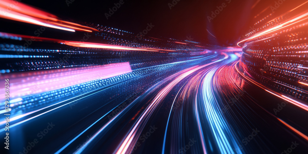 Naklejka premium A sleek and futuristic abstract background featuring cascading luminous arcs, forming a dynamic web of digital energy. The radiant streaks of light crisscross and overlap, evoking a
