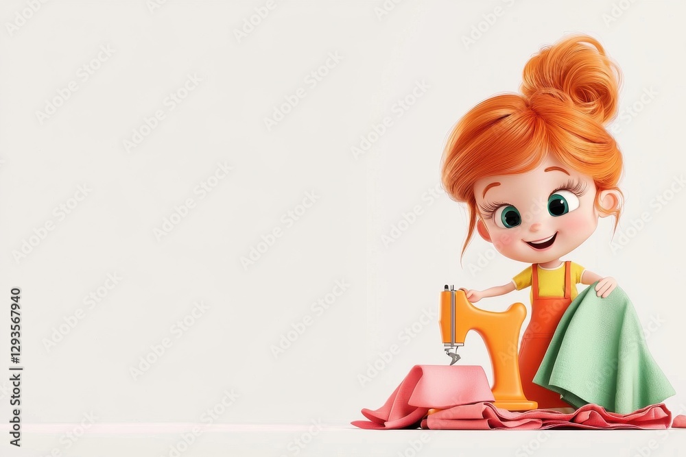 Happy cartoon tailor sewing clothes in a cozy studio illustration of joyful crafting whimsical environment Happy cartoon tailor sewing clothes in a cozy studio illustration of joyful crafting whimsical environment