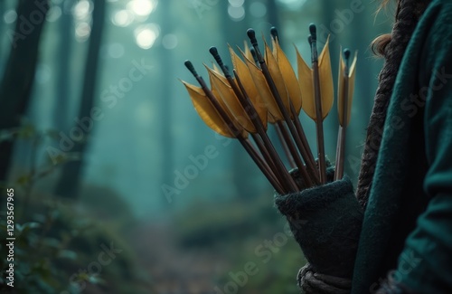Mystical shadowy forest background with warrior holding quiver full of arrows. Medieval hunter with wooden arrows in nature. Traditional archery sport equipment. Ancient culture hunting and survival.