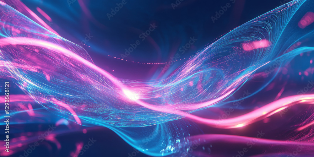 Obraz premium A surreal abstract background with softly glowing, layered neon energy streams, dynamically weaving through a futuristic digital space. The high-tech fluidity and seamless motion evoke a sense of