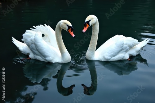 Fototapeta Naklejka Na Ścianę i Meble -  Dark water, white swan shapes mirrored, multiple swans visible, bird photography, idyllic, image