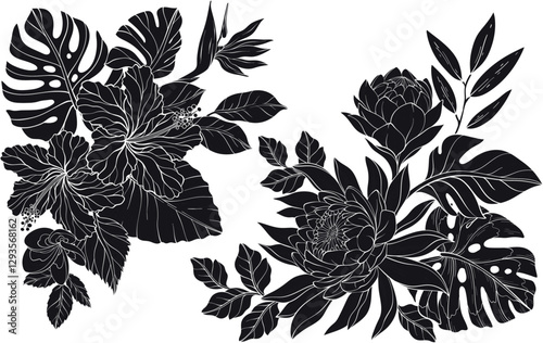 Vector silhouette collection of tropical flowers with intricate petals sits among lush leaves