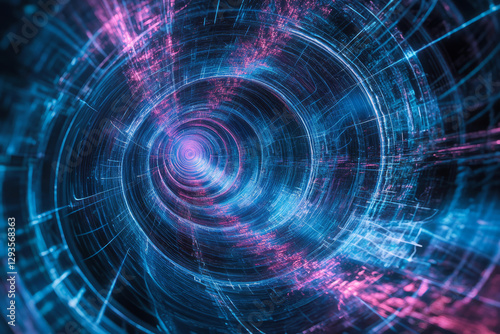 A mesmerizing visualization of quantum energy fields, forming intricate patterns of glowing cybernetic light trails. The futuristic high-tech background represents AI-driven processing, deep-space