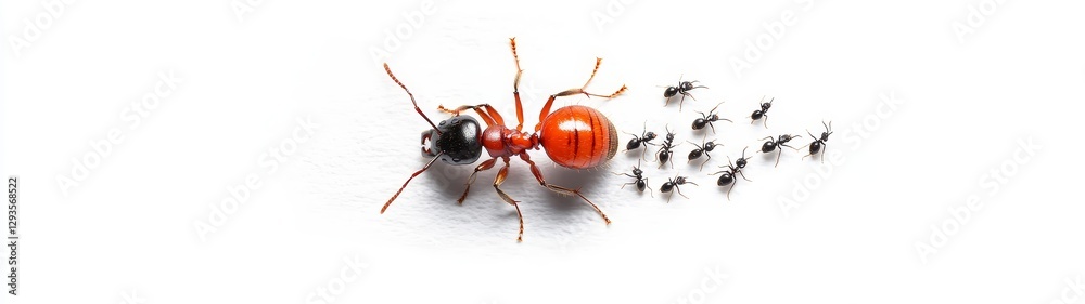 Close-Up of Red Ant Leading Group of Smaller Black Ants on White Surface Close-Up of Red Ant Leading Group of Smaller Black Ants on White Surface