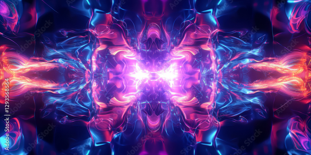 Obraz premium A high-tech abstract background featuring luminous, flowing neon energy waves dynamically expanding in a futuristic digital network. The seamless reflections and glowing cybernetic motion create an