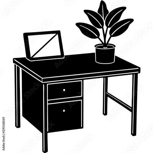 Office plant pot on desk  silhouette vector illustration 