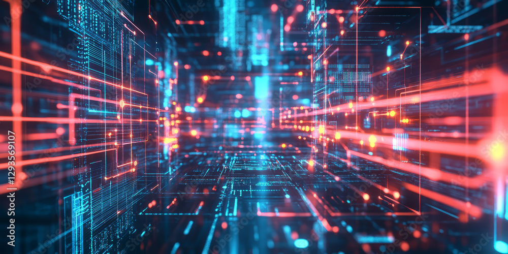 Obraz premium A futuristic AI-driven edge computing system, featuring glowing cybernetic real-time processing nodes, pulsating holographic decentralized data networks, and swirling quantum-enhanced information