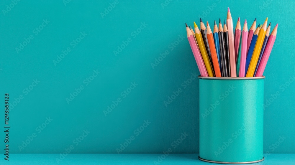 Fototapeta premium Vibrant Collection of Colorful Pencils in a Turquoise Container