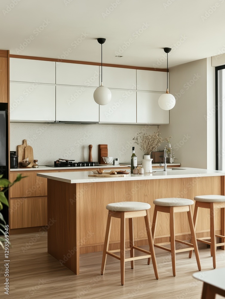 Fototapeta premium A modern kitchen with white countertops and pendant lighting