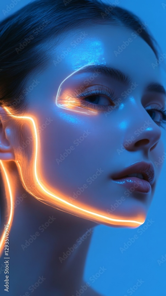 Illuminated Facial Features with Neon Lines and Glowing Skin in Blue Light Illuminated Facial Features with Neon Lines and Glowing Skin in Blue Light